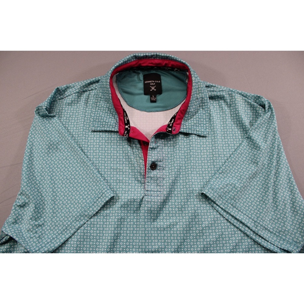 Kenneth Cole Golf Polo Diamond Pattern Green Pink Size Large Polyester Spandex